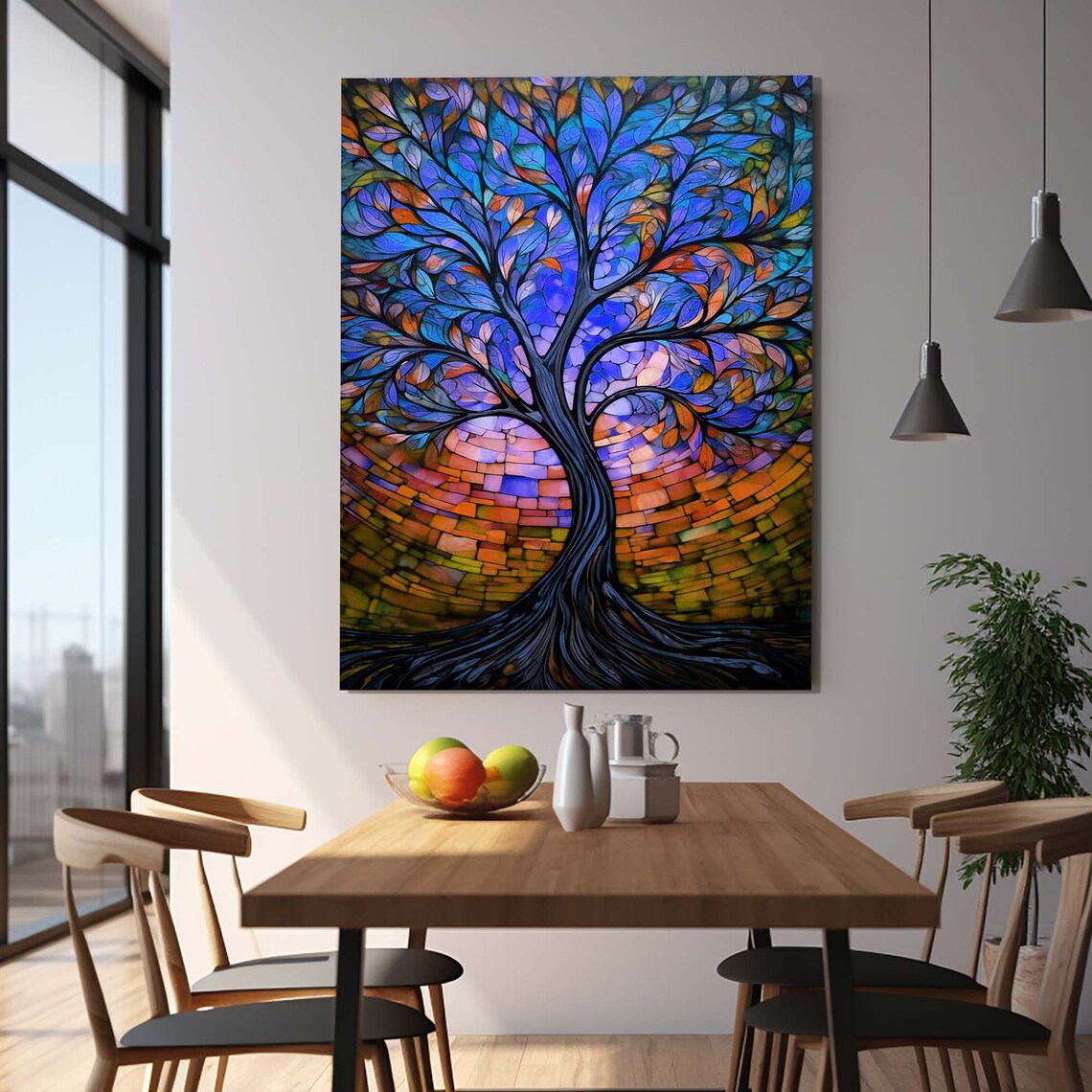 Stained Glass Tree of Life Blue Purple Sunset Mosaic Art Poster - Image 2