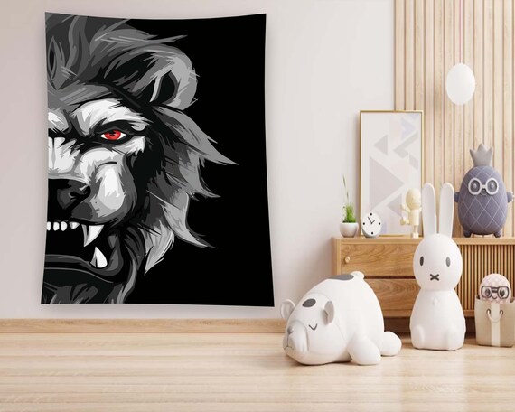 Fierce Lion Red Eye Black White Roaring King Jungle Street Wall Art