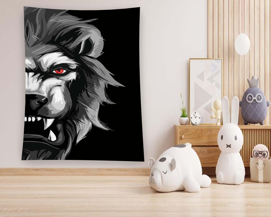 Fierce Lion Red Eye Black White Roaring King Jungle Street Wall Art