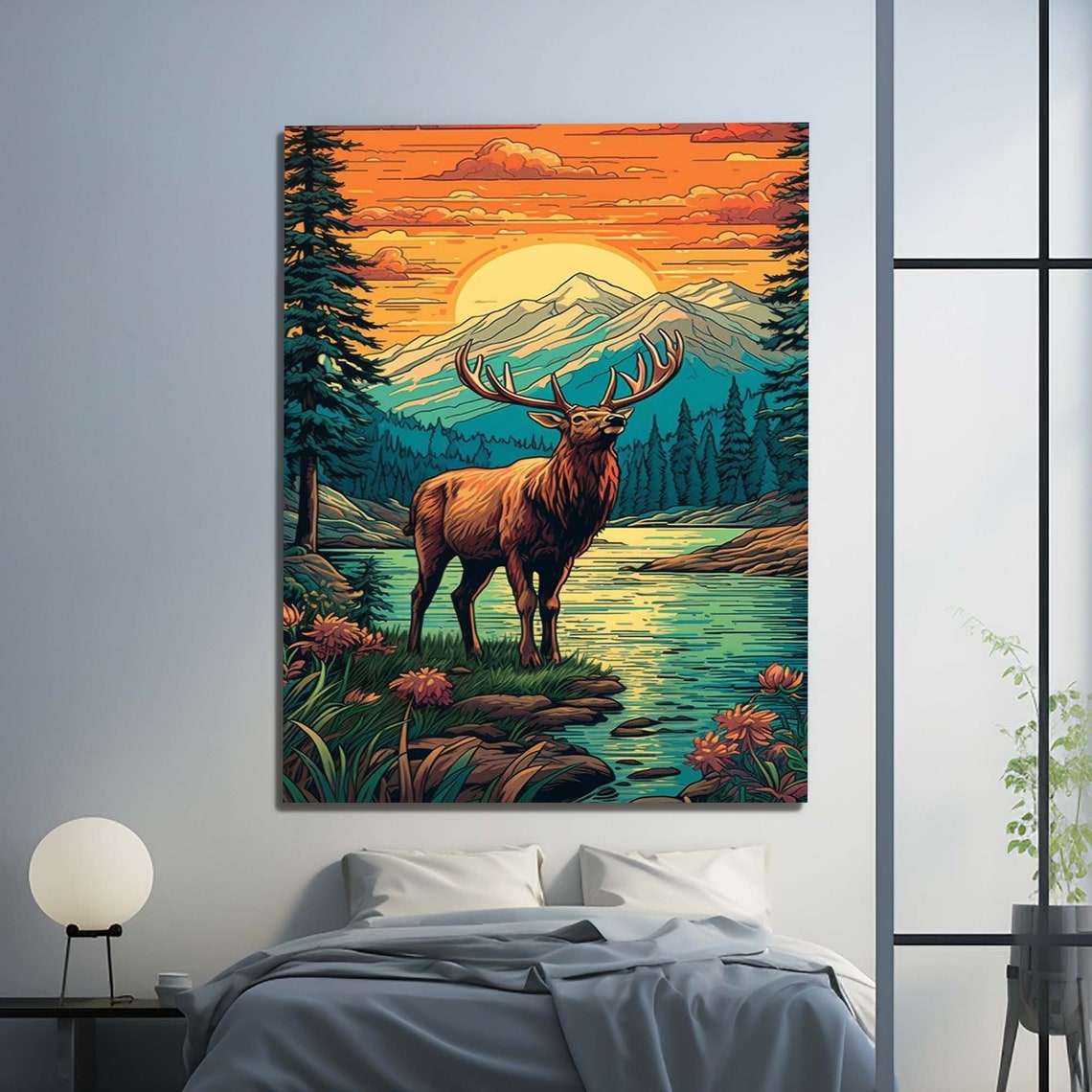 Majestic Elk Bugling Sunset Lake Mountains Retro Wildlife Wall Art - Image 3