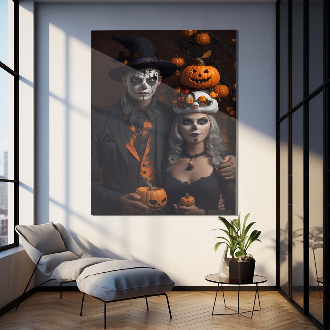 Halloween Skull Face Paint Couple Pumpkin Gothic Wall Art Poster - Image 2