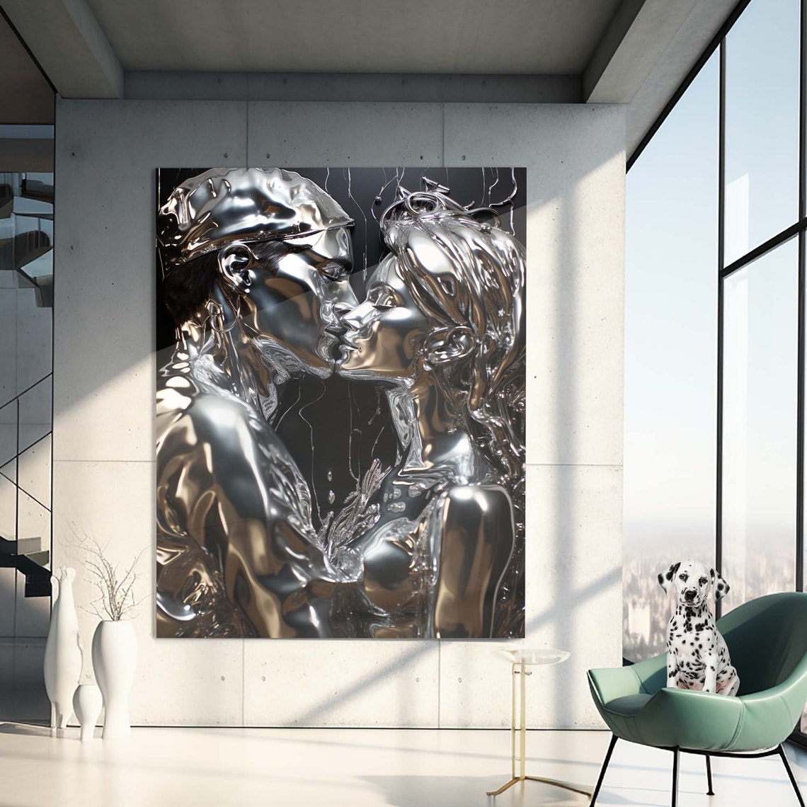 Silver Chrome Couple Kiss Liquid Metal Romantic Love Wall Art