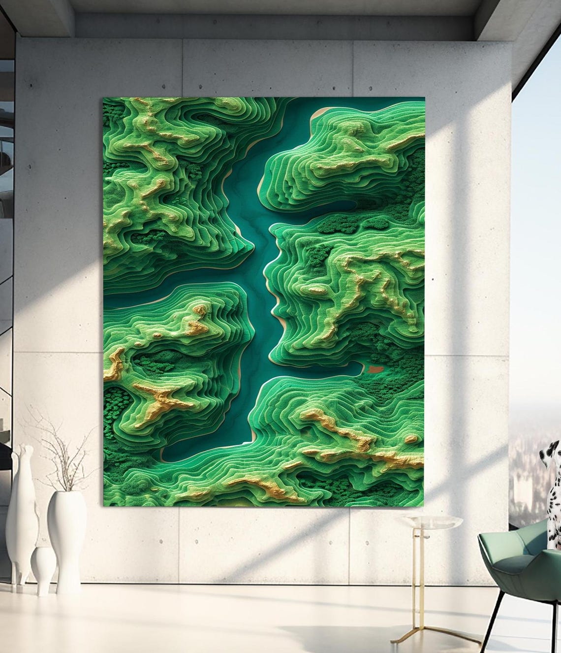 Emerald Green 3D Topographic Layered River Valley Landscape Art Print