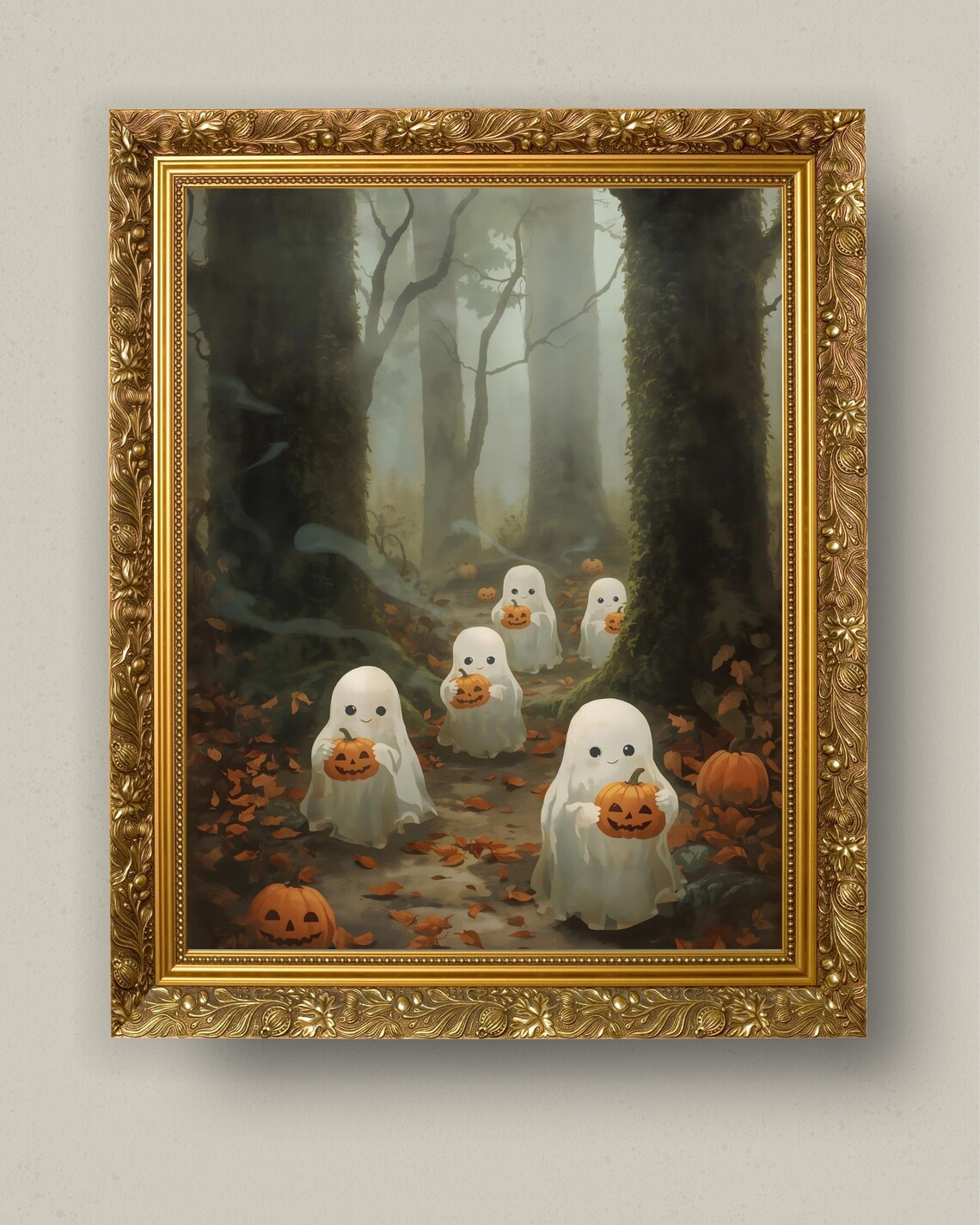 Whimsical Ghosts With Pumpkins, Vintage Fall Halloween Art