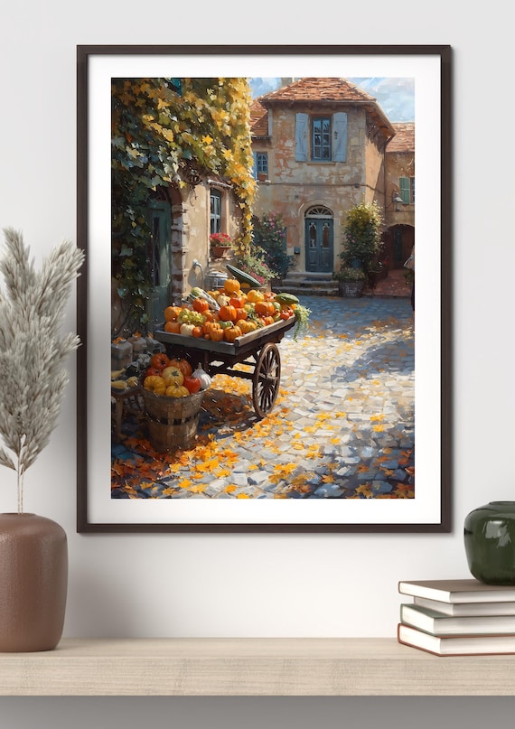 Pumpkin Cart Artwork Fall Village Street Wall Art Rustic Autumn Market Oil Painting Thanksgiving