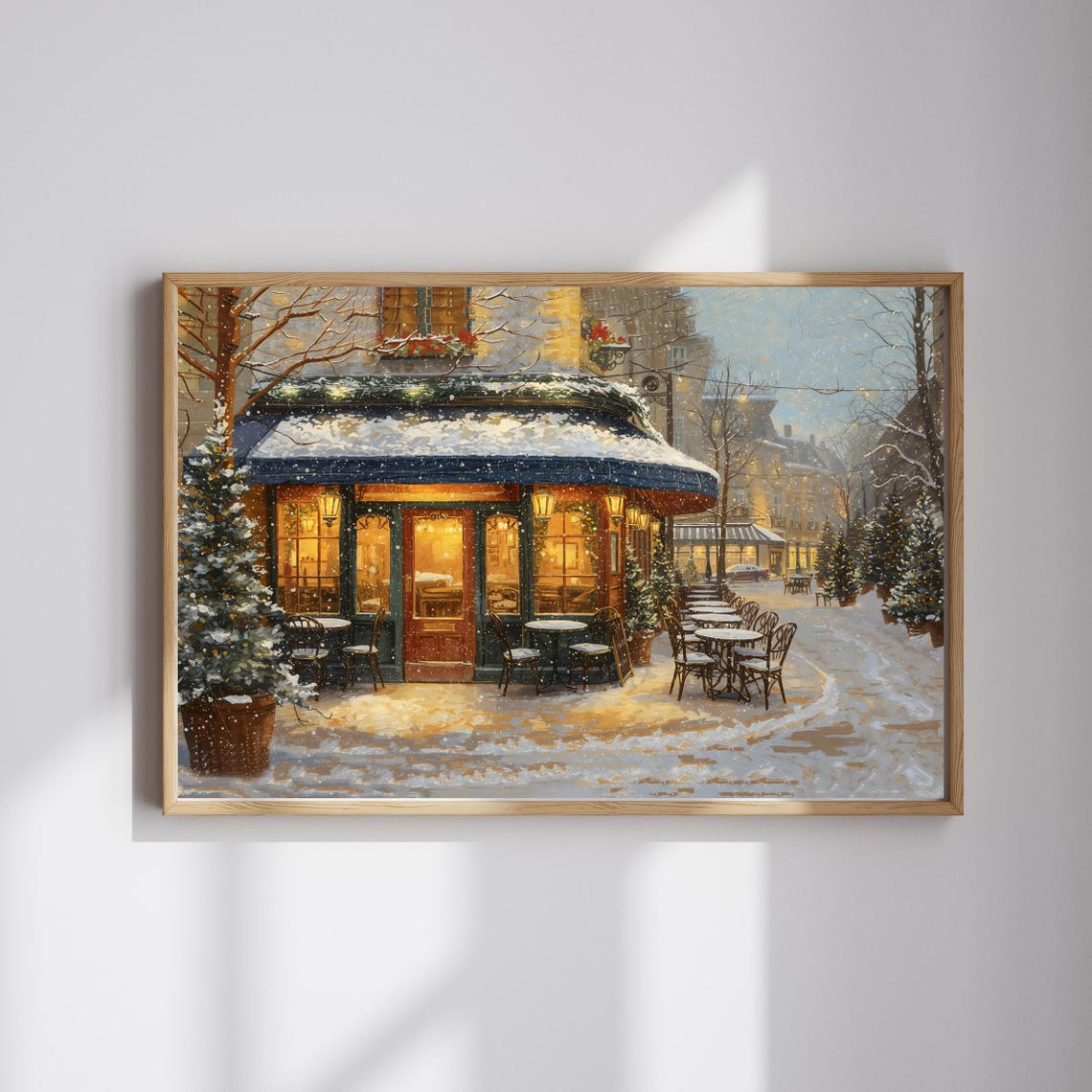 Cozy Snowy Bistro Winter Cafe Scene Warm Lights Holiday Poster