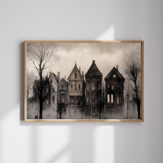 Haunted Houses Wall Art Vintage Gothic Halloween Print Dark Spooky Townhouse Painting Home Dcor