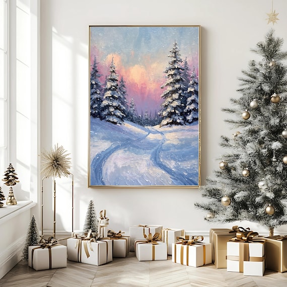 Winter Sunrise Over Snowy Forest Pink Sky Landscape Painting Poster