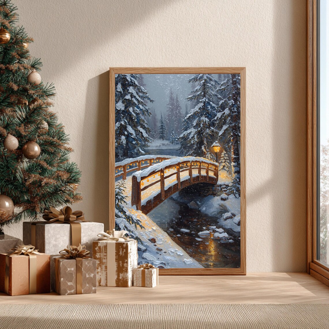 Snowy Winter Bridge, Cozy Christmas Art Print