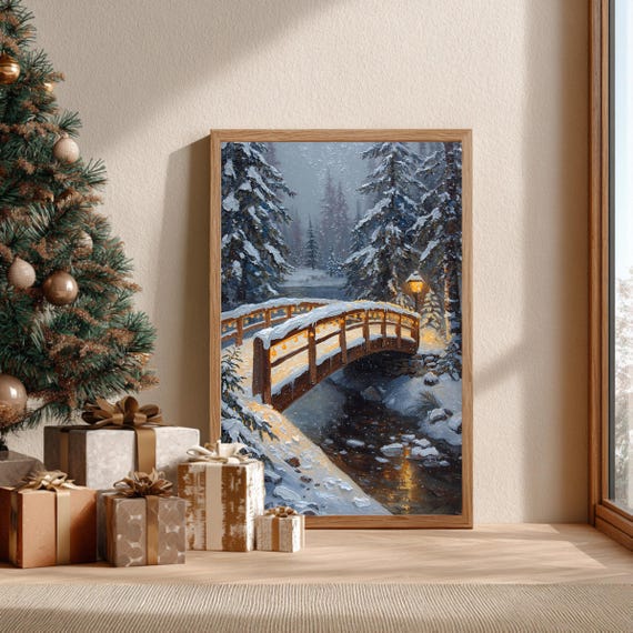 Snowy Winter Bridge, Cozy Christmas Art Print