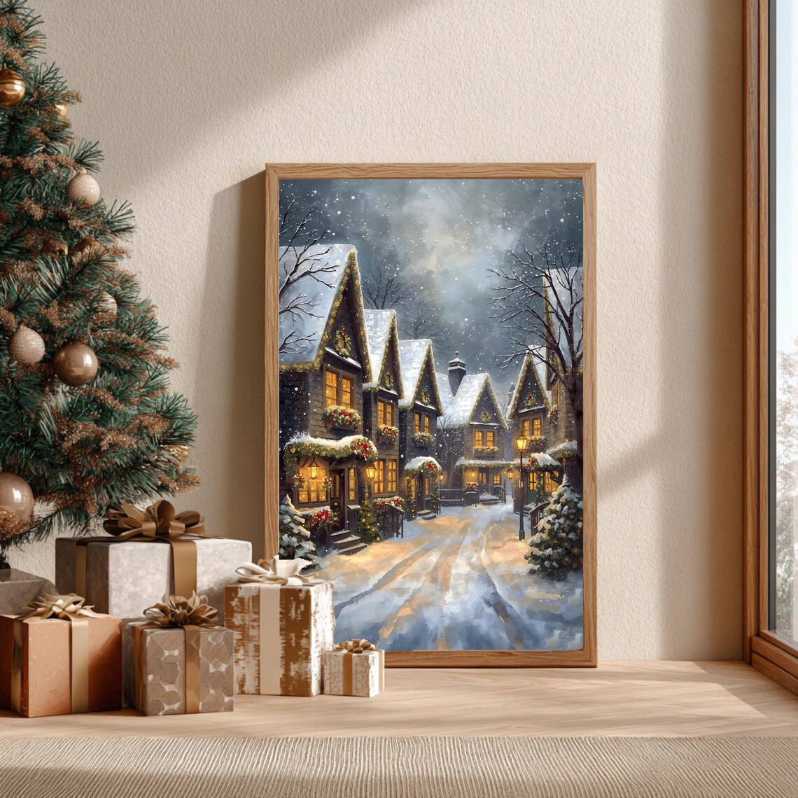 Cozy Christmas Village Wall Art Print, Winter Scene