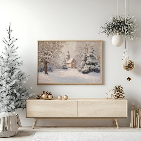 Winter Wonderland Snowy Church Chapel Landscape Neutral Christmas Poster