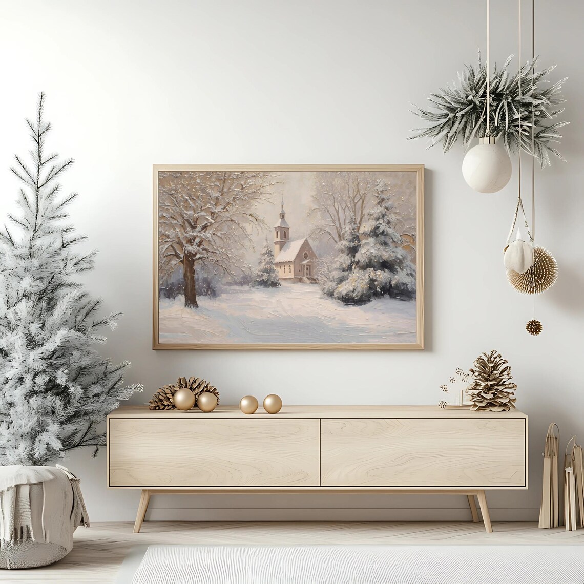 Winter Wonderland Snowy Church Chapel Landscape Neutral Christmas Poster