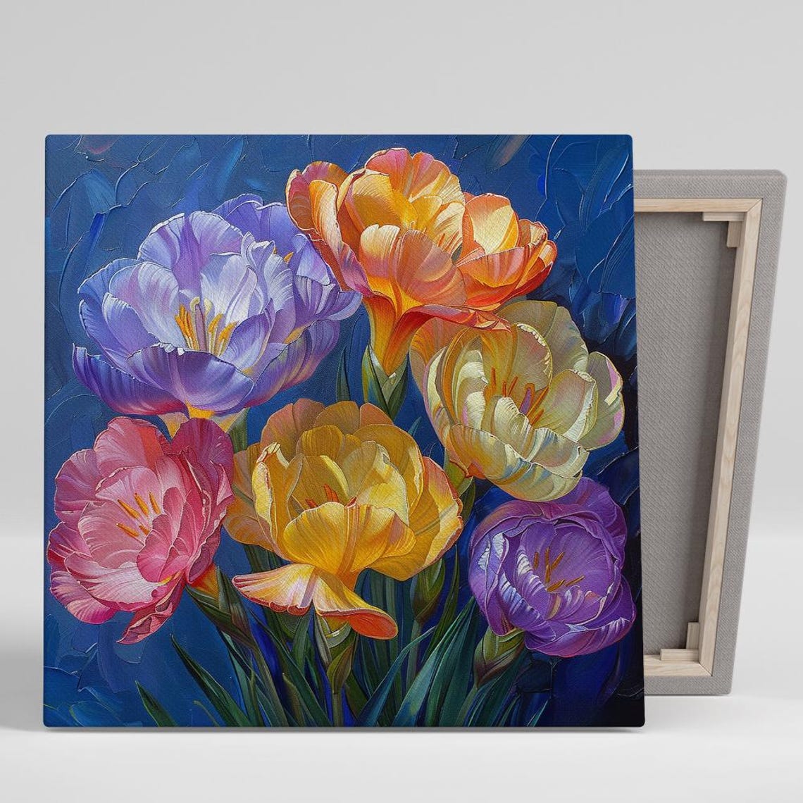 Colorful Tulip Flowers Impasto Oil Painting Blue Background Poster