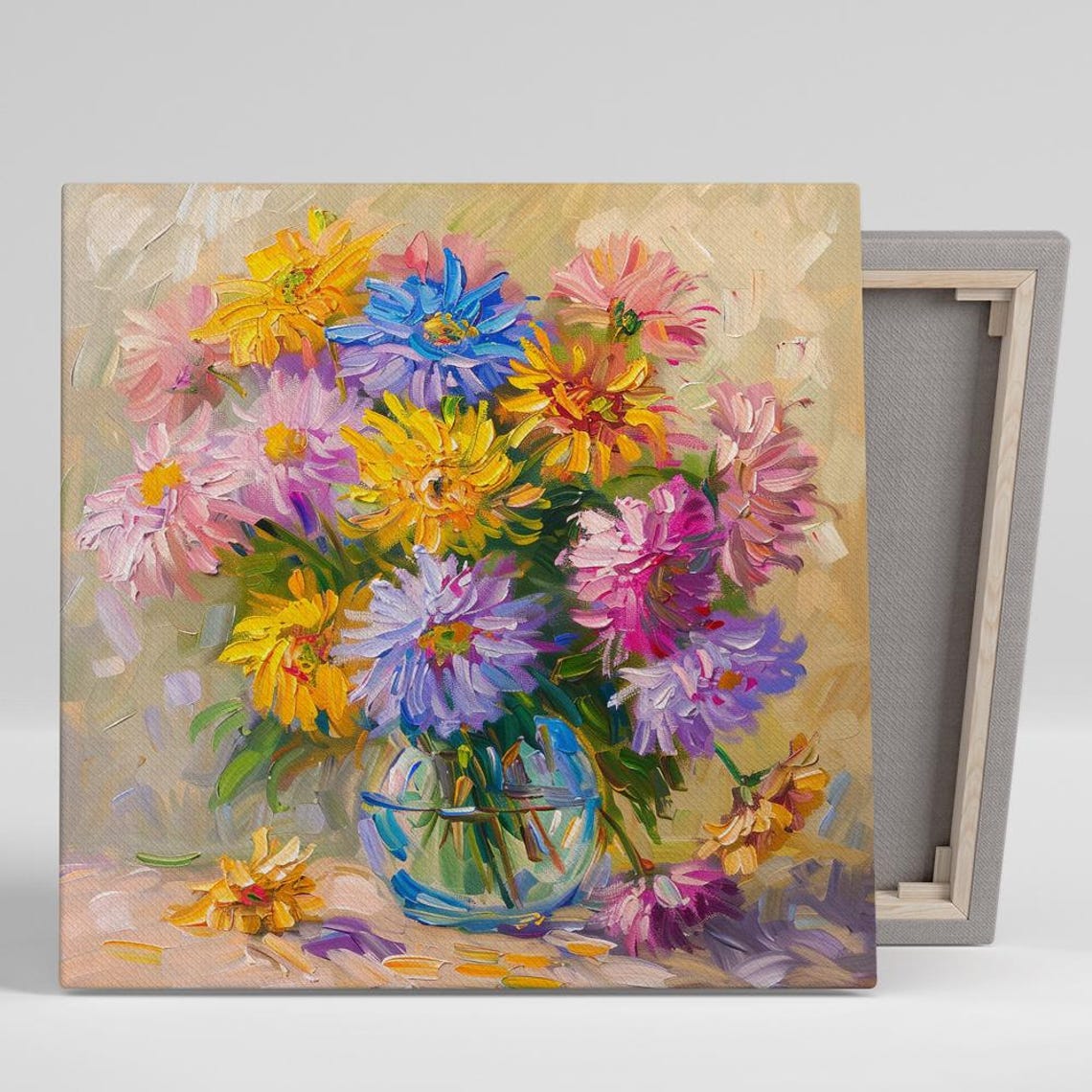 Rainbow Chrysanthemum Bouquet Glass Vase Impressionist Floral Poster