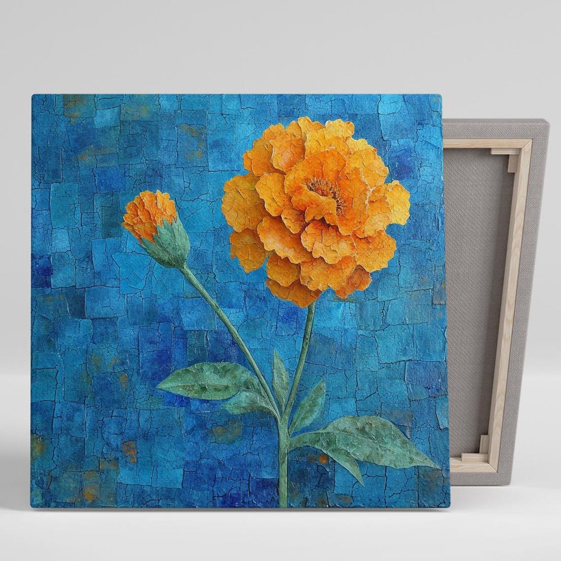 Orange Marigolds Mosaic Blue Tile Crackle Artisan Floral Print