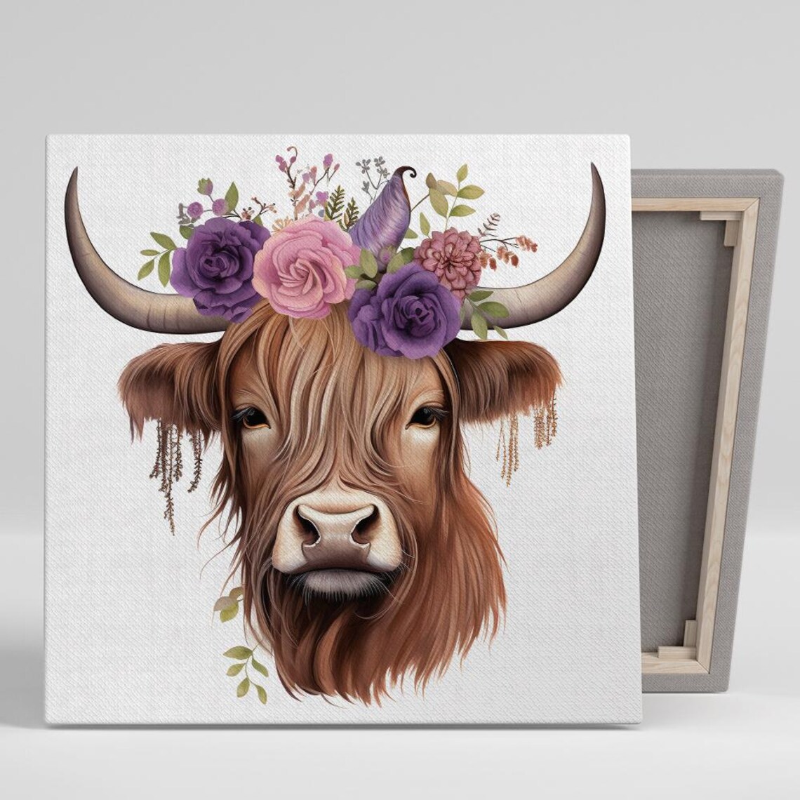 Highland Cow Floral Crown Purple Pink Roses Rustic Farmhouse Wall Art