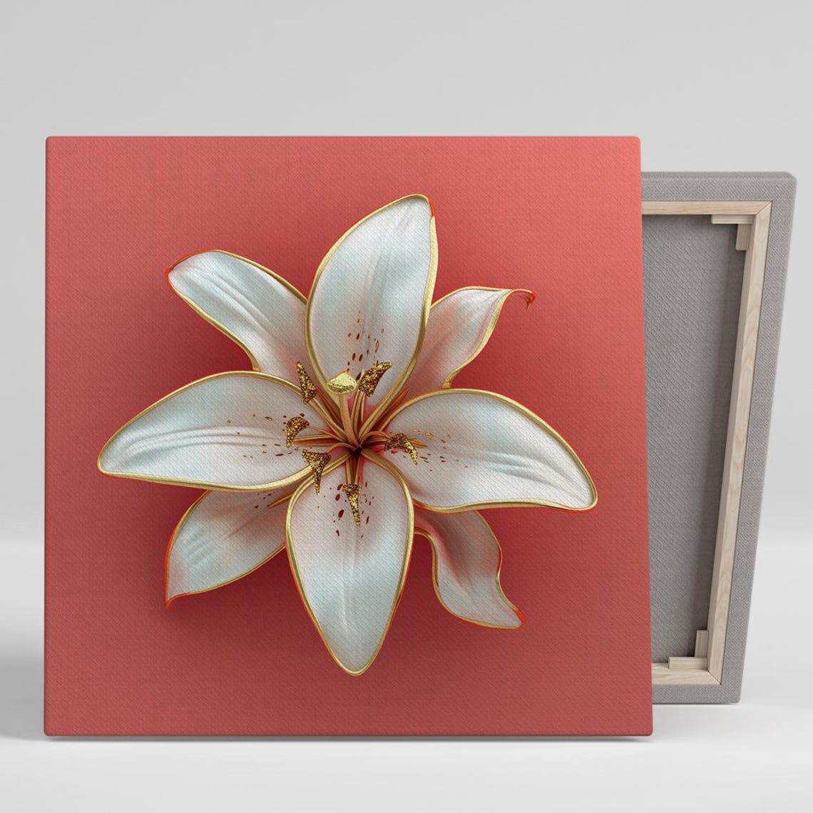 White Lily Gold Edges 3D Bloom Coral Red Background Glam Art Poster