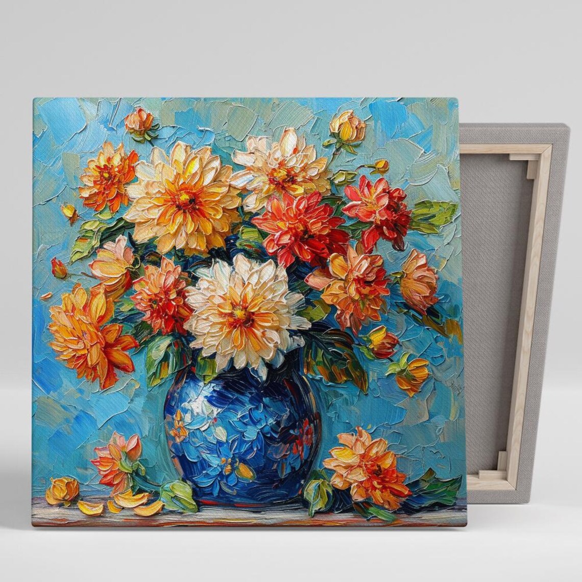 Impasto Oil Painting Dahlia Bouquet Blue Vase Still Life Poster