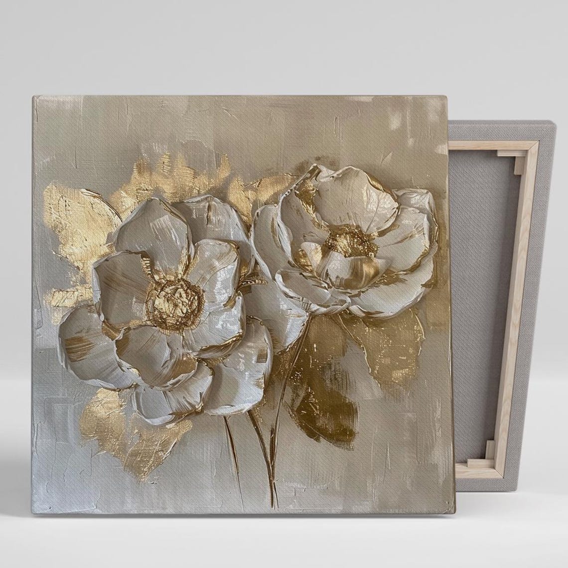White Grey Peony Impasto With Gold Leaf Glam Floral Wall Art Print