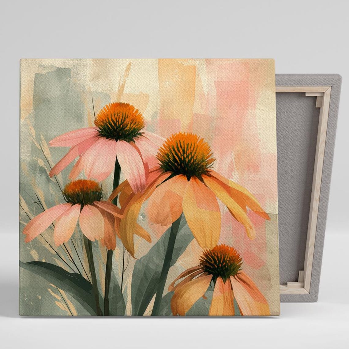 Peach Echinacea Blooms Soft Painterly Botanical Floral Wall Art