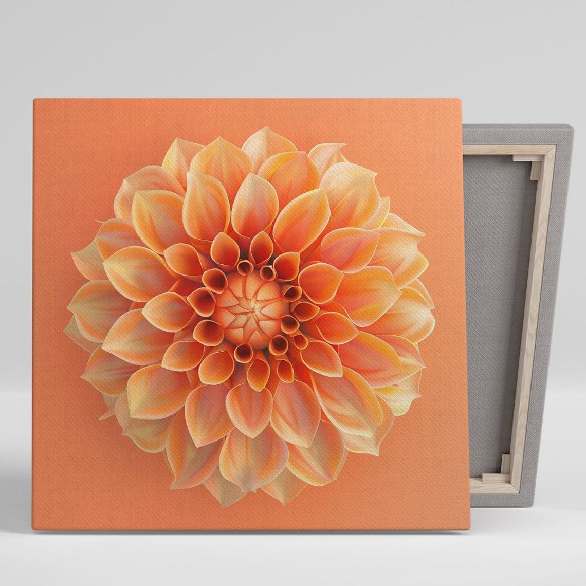 Orange Pompom Dahlia Bloom From Above On Warm Peach Floral Wall Print