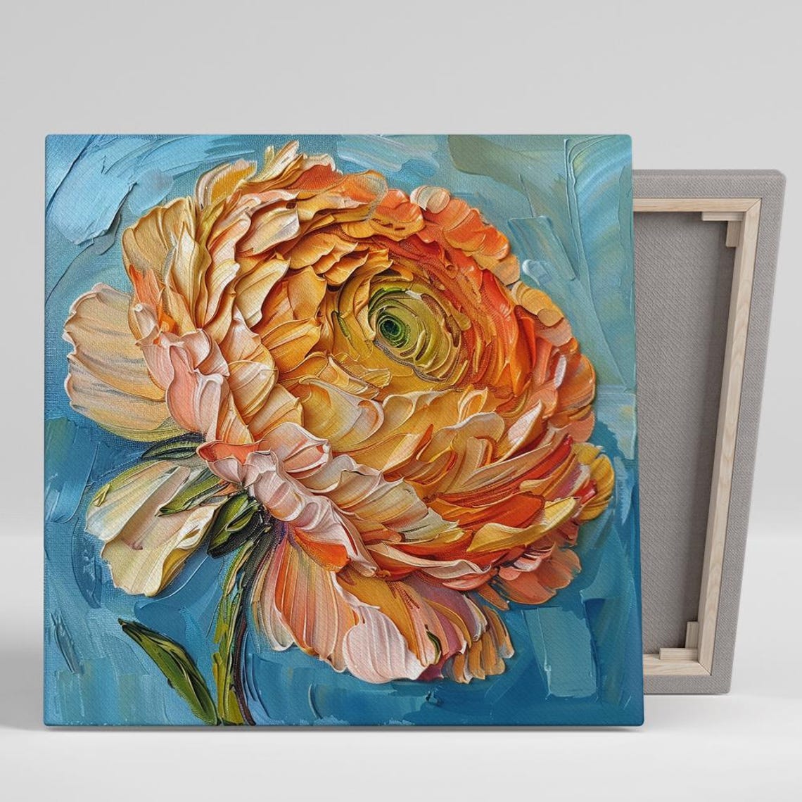 Orange Ranunculus Impasto Oil Flower On Blue Textured Fine Art Print