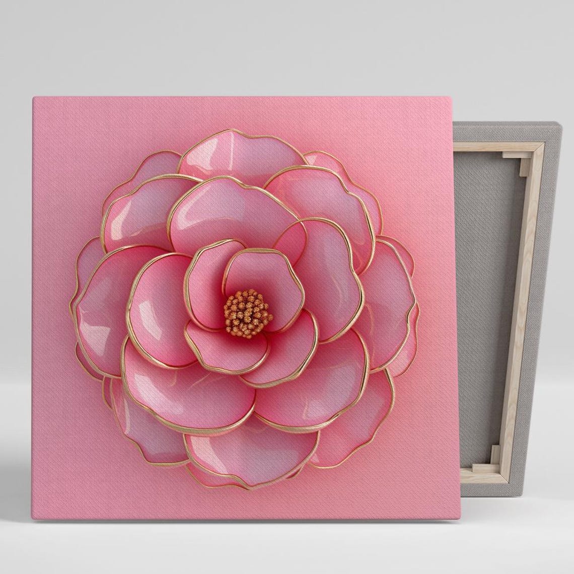 Pink Camellia Bloom with Glossy Gold Trim Elegant Floral Wall Art
