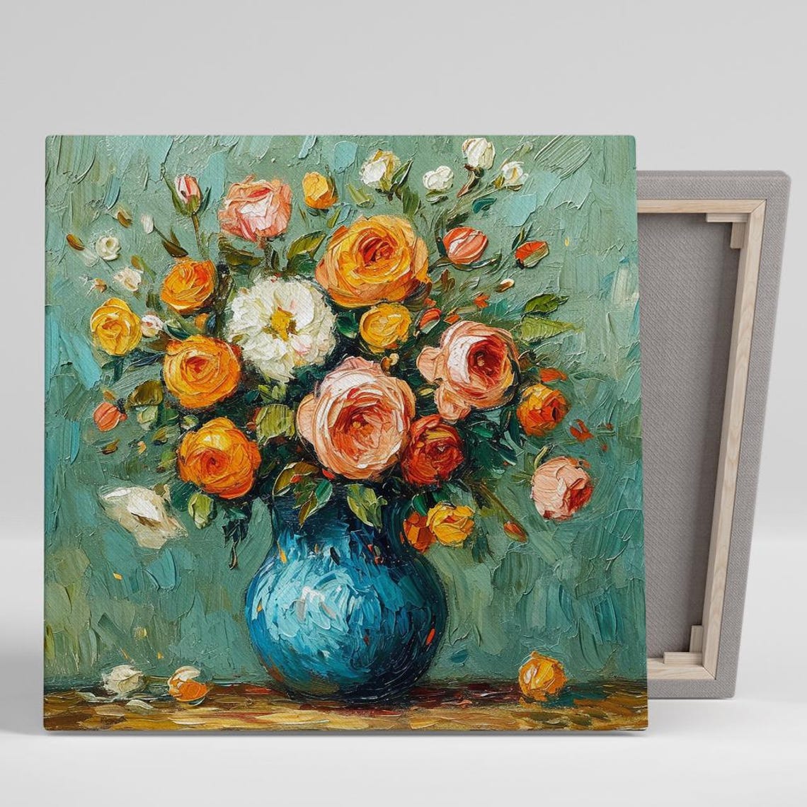 Impressionist Rose Bouquet Blue Vase Teal Green Painterly Art Poster