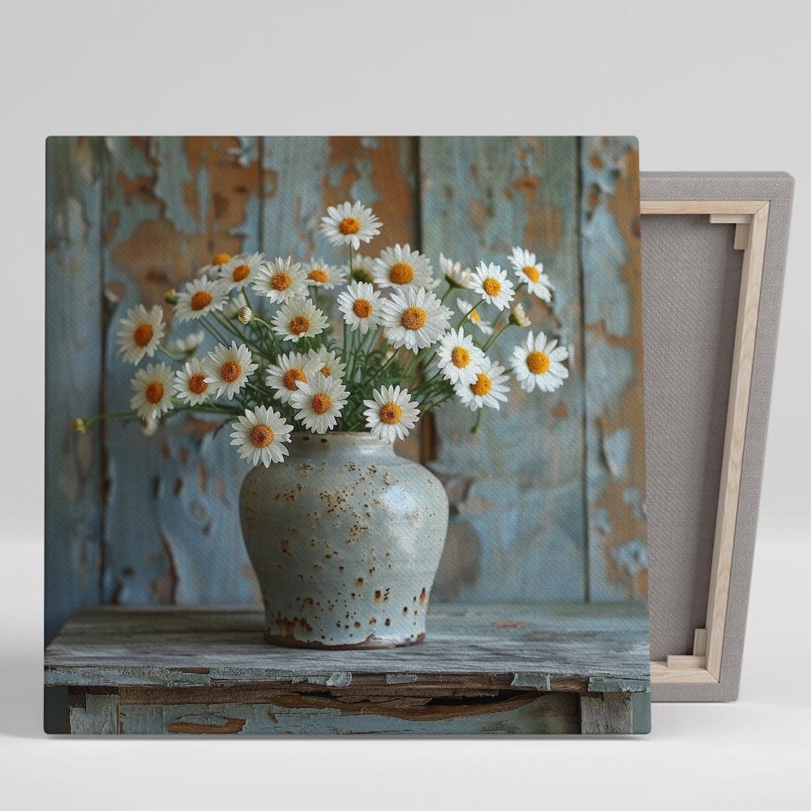 White Daisy Bouquet Rustic Ceramic Vase Weathered Wood Floral Poster