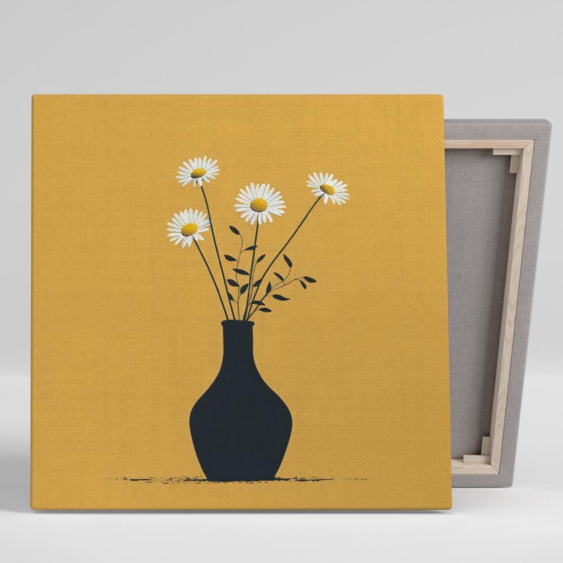 White Daisies in Black Vase Mustard Yellow Minimalist Floral Poster