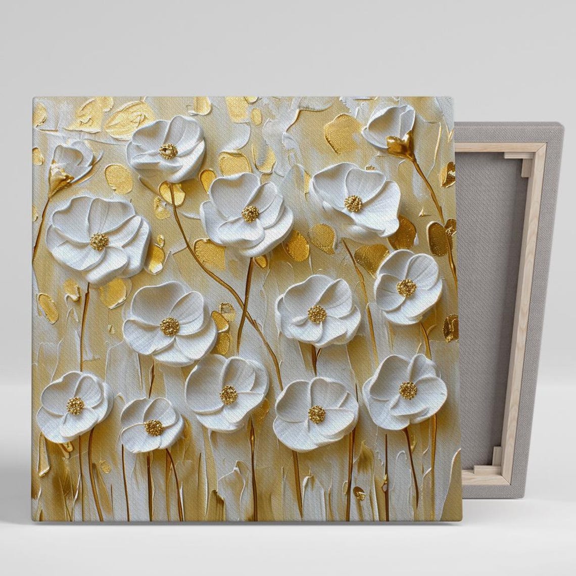 White Poppy Gold Impasto 3D Textured Modern Canvas Floral Print