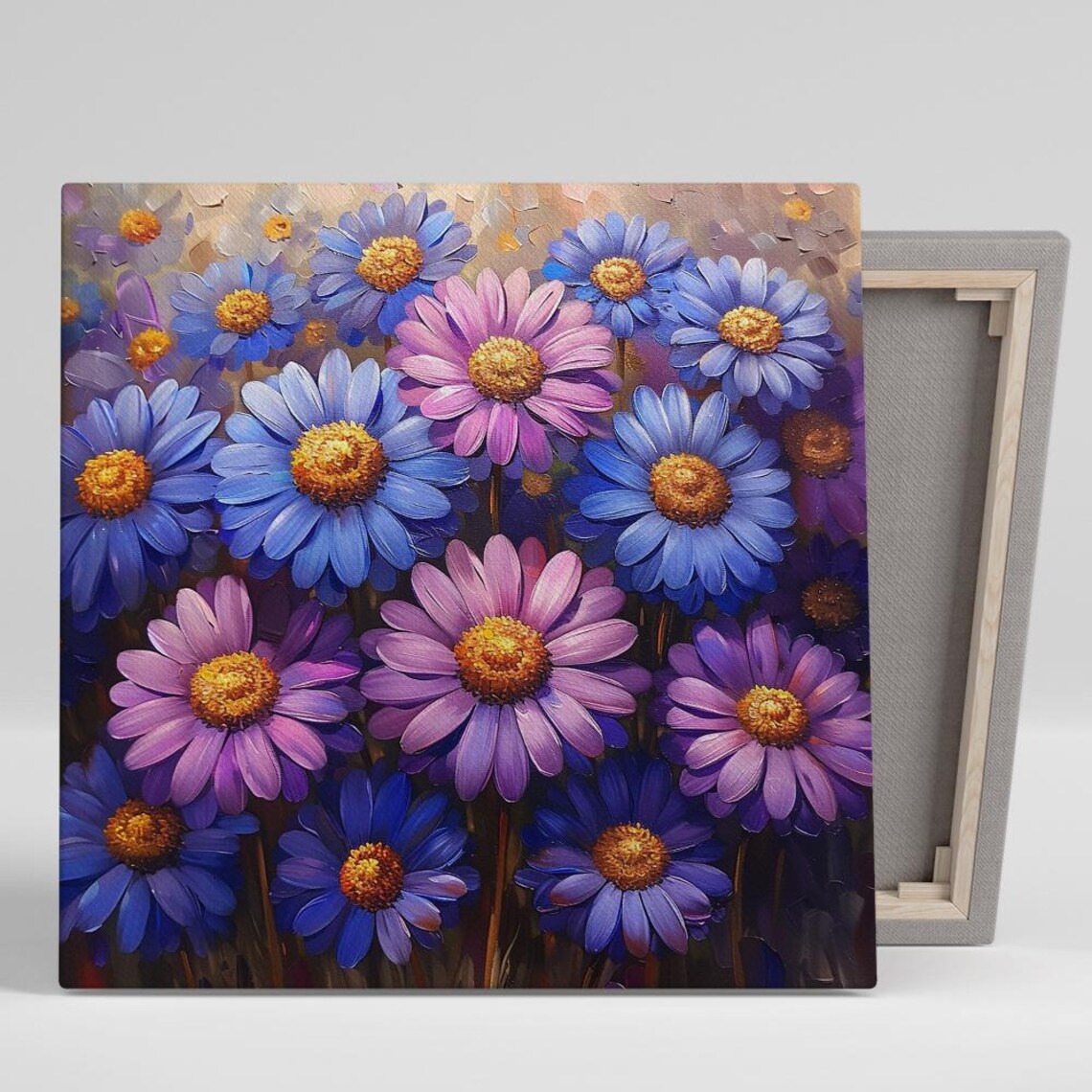Colorful Daisy Field Painting Blue Purple Pink With Gold Art Poster