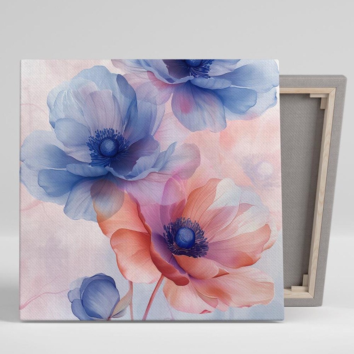Blue Pink Anemone Watercolor Flowers On Blush Pastel Floral Wall Print
