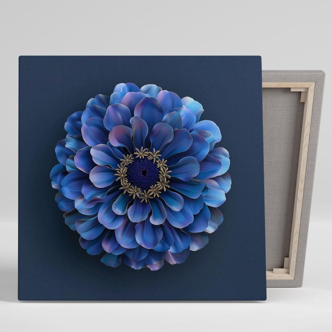 Blue Dahlia Pompom Flower Macro Navy Blue Background Floral Art Poster
