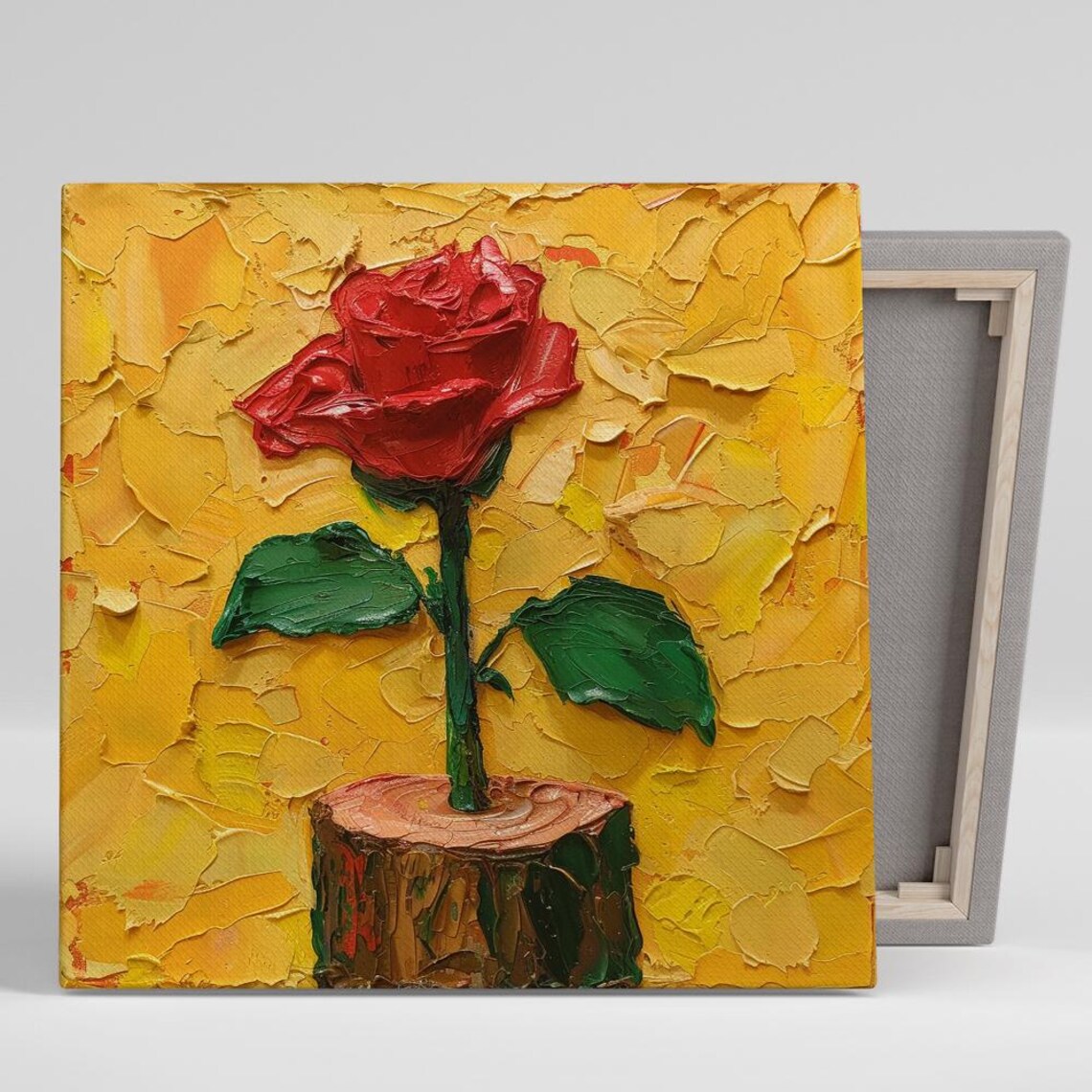 Red Rose Impasto Oil Painting Golden Yellow Textured Background Poster