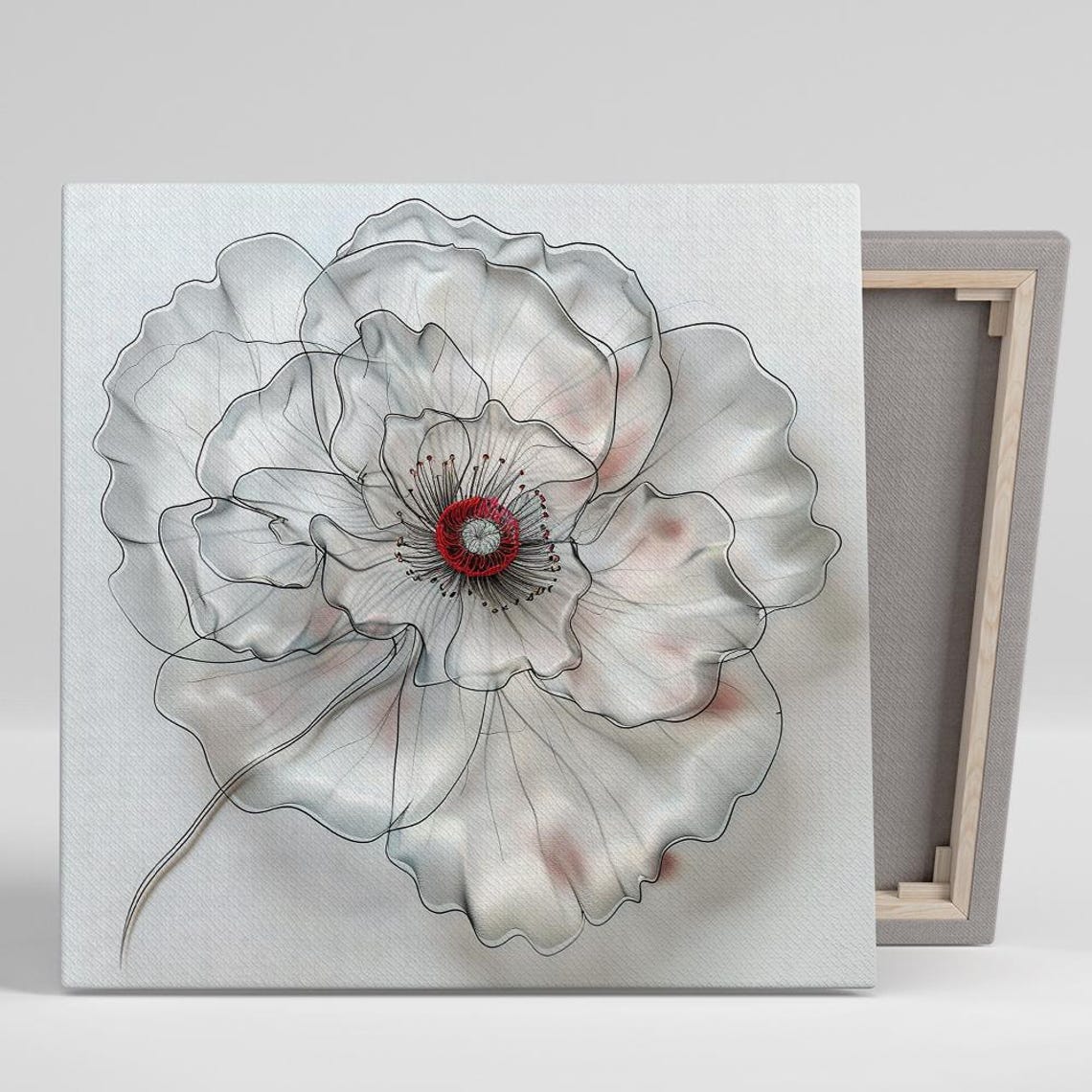 White Anemone Bloom Line Art with Crimson Center Delicate Floral Print