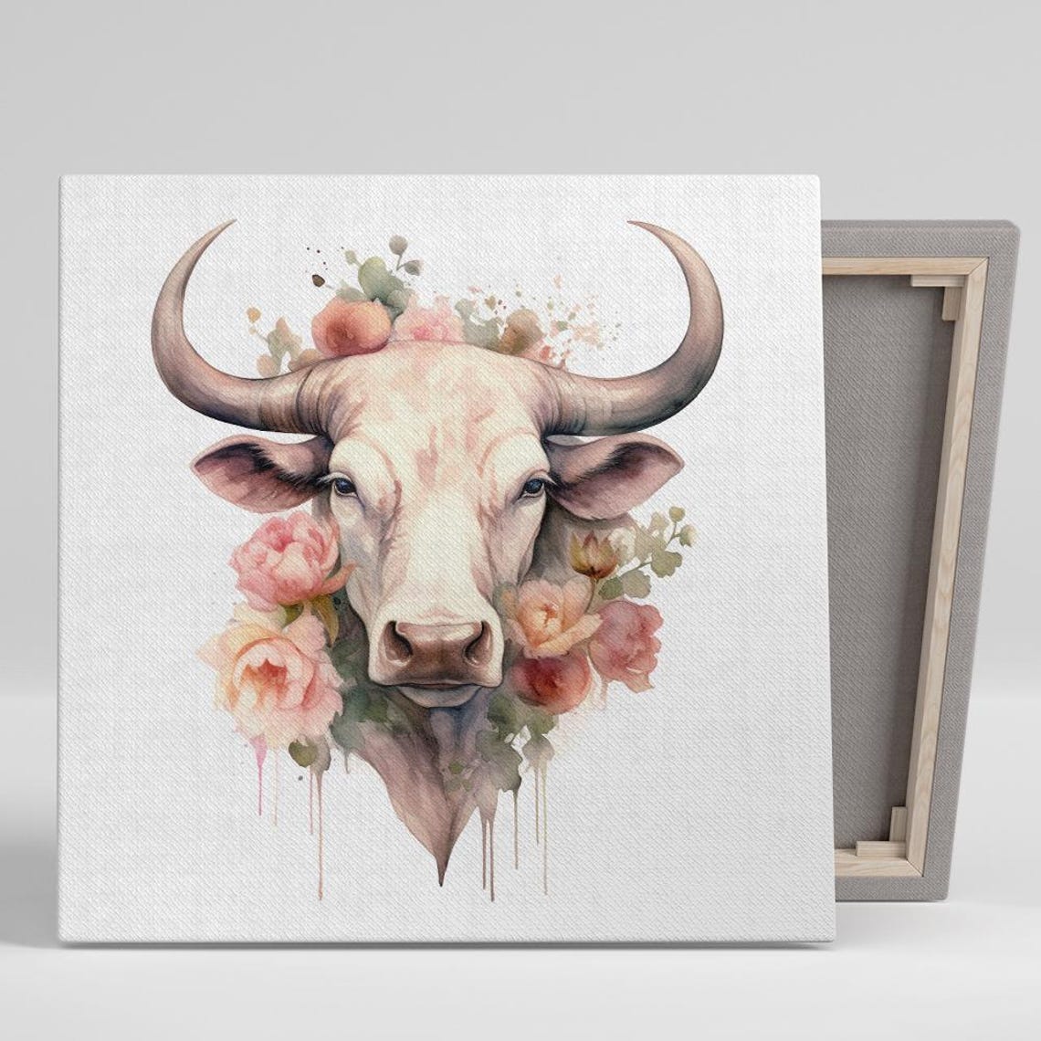 Highland Cow with Pink Roses Watercolor Rustic Animal Wall Poster