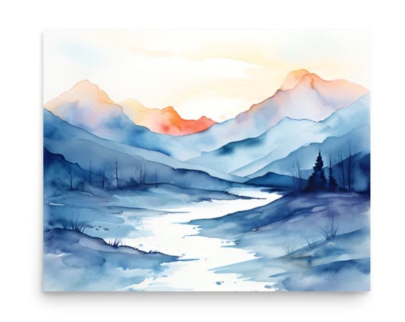 Blue Ridge Mountains Painting North Carolina Landscape Watercolor Art Print Mountain River Wall Art Misty Mountain Forest Art Pine Trees Art