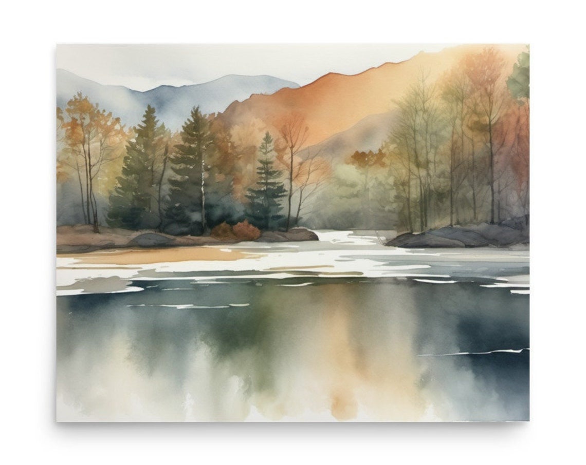 Tahoe Lake Painting California Lake Landscape Watercolor Art Print Mountain Forest Lake Wall Art Earth Tones Panoramic Foggy Landscape Art