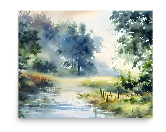 Forest River Painting Misty Panoramic Landscape Watercolor Art Print Trees Wall Art Forest Landscape Artwork Green Landscape Smoky Forest