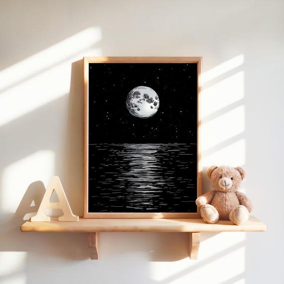 Moon Over Water Print Celestial Art Night Sky Wall Decor Stars Ocean View Instant Home