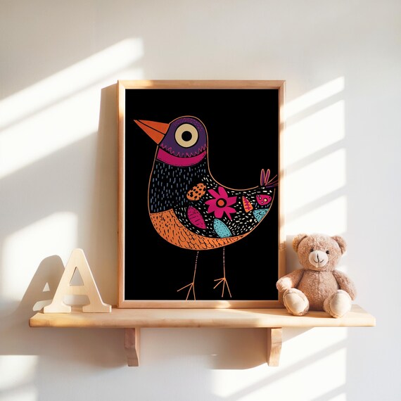 Colorful Folk Art Bird Purple Orange Flowers Black Kids Room Wall Poster