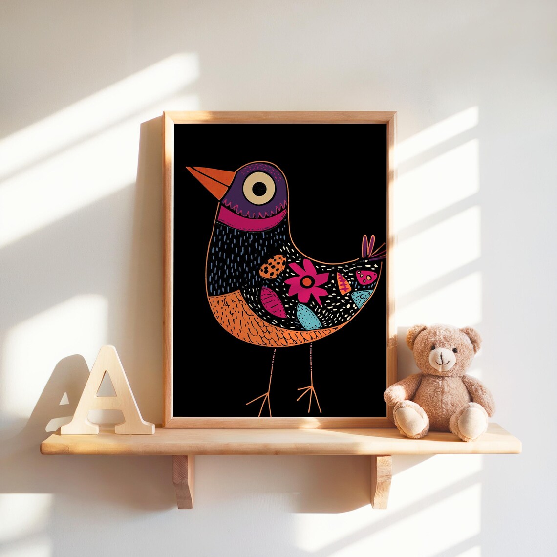 Colorful Folk Art Bird Purple Orange Flowers Black Kids Room Wall Poster