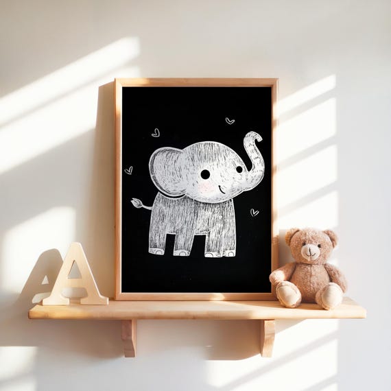 Elephant Print Nursery Wall Art Cute Baby Animal Decor Kids Room Black And White Instant
