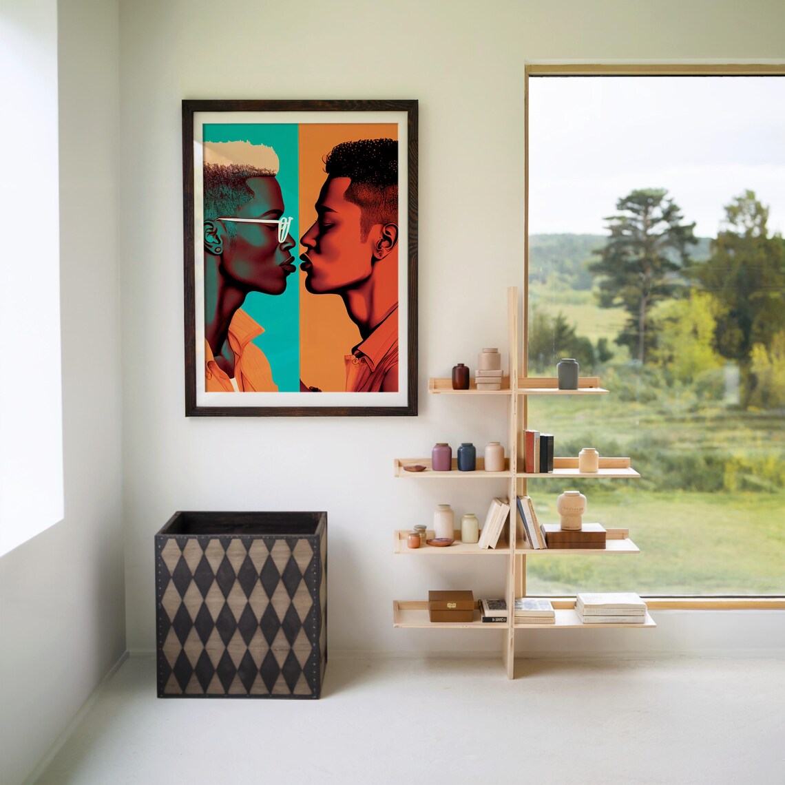 Kissing Men Split Portrait Bold Color-Block Gay Love Art Poster