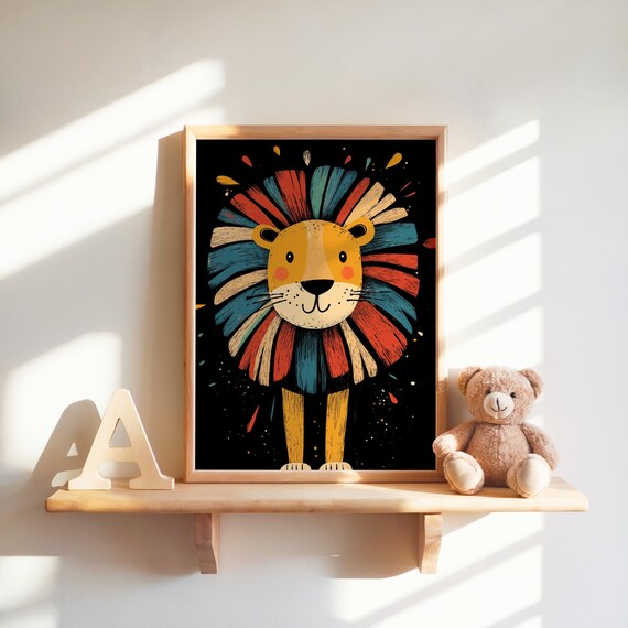 Colorful Lion Art Print Whimsical Animal Kids Room Decor Nursery Illustration