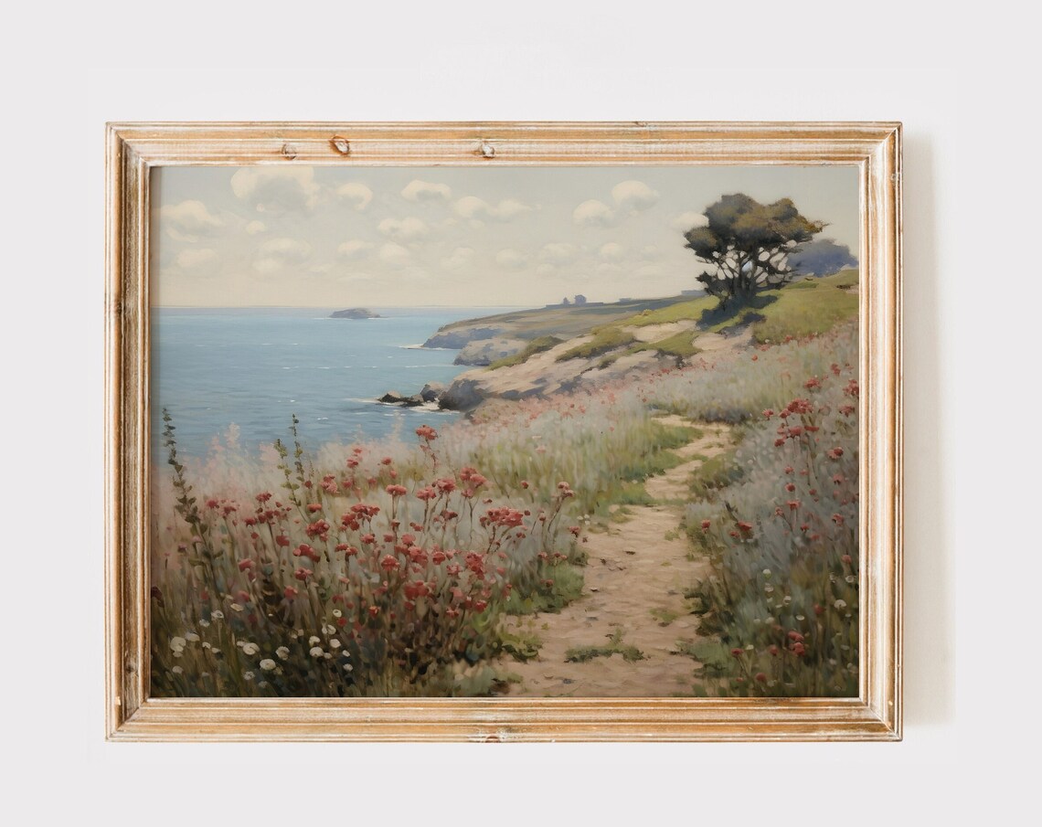 Coastal Cliff Path Wildflowers Overlooking Sea Vintage Wall Art