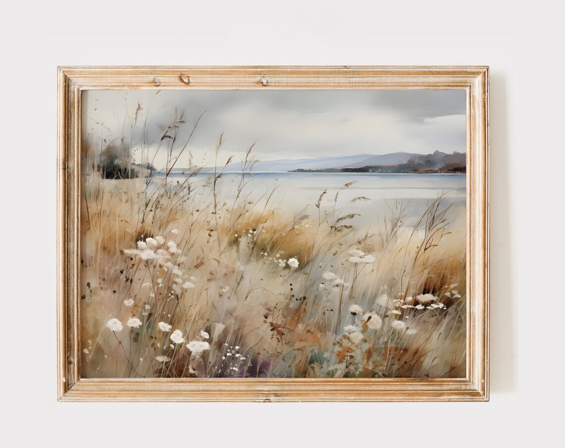 Watercolor Grasses and White Wildflowers Lakeside Neutral Print