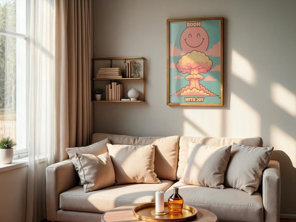 Boom With Joy Poster Funny Atomic Explosion Wall Art Surreal Pop Print Retro Pastel Decor Quirky Happy Face Mushroom Cloud - Image 2